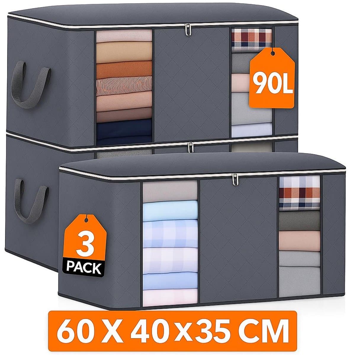 MeubelsvanJoep 3 stuks grote opbergdozen 90 liter, opbergdoos met deksel, versterkte handgreep, kleding, opbergtas, kledingdoos, verhuisdozen voor kleding, jurken, beddengoed, grijs