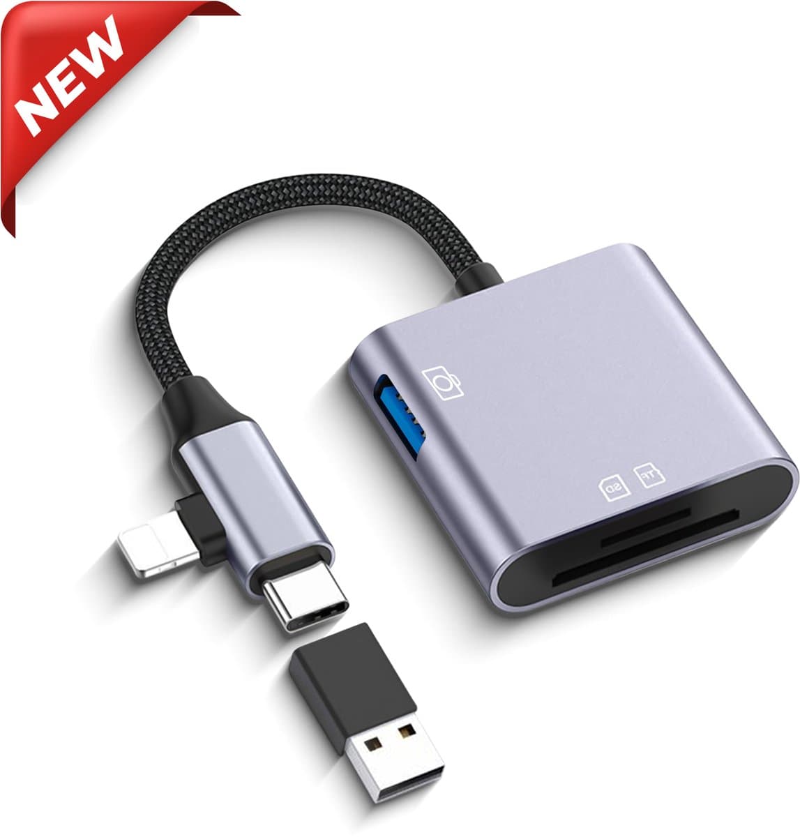 Narlix SD kaart lezer - Card reader - SD card reader - 3 in 1 - SD / Micro SD / TF Card Reader - Geschikt voor Macbook Pro / Air / Windows / Universeel - Inclusief USB C naar lightning converter