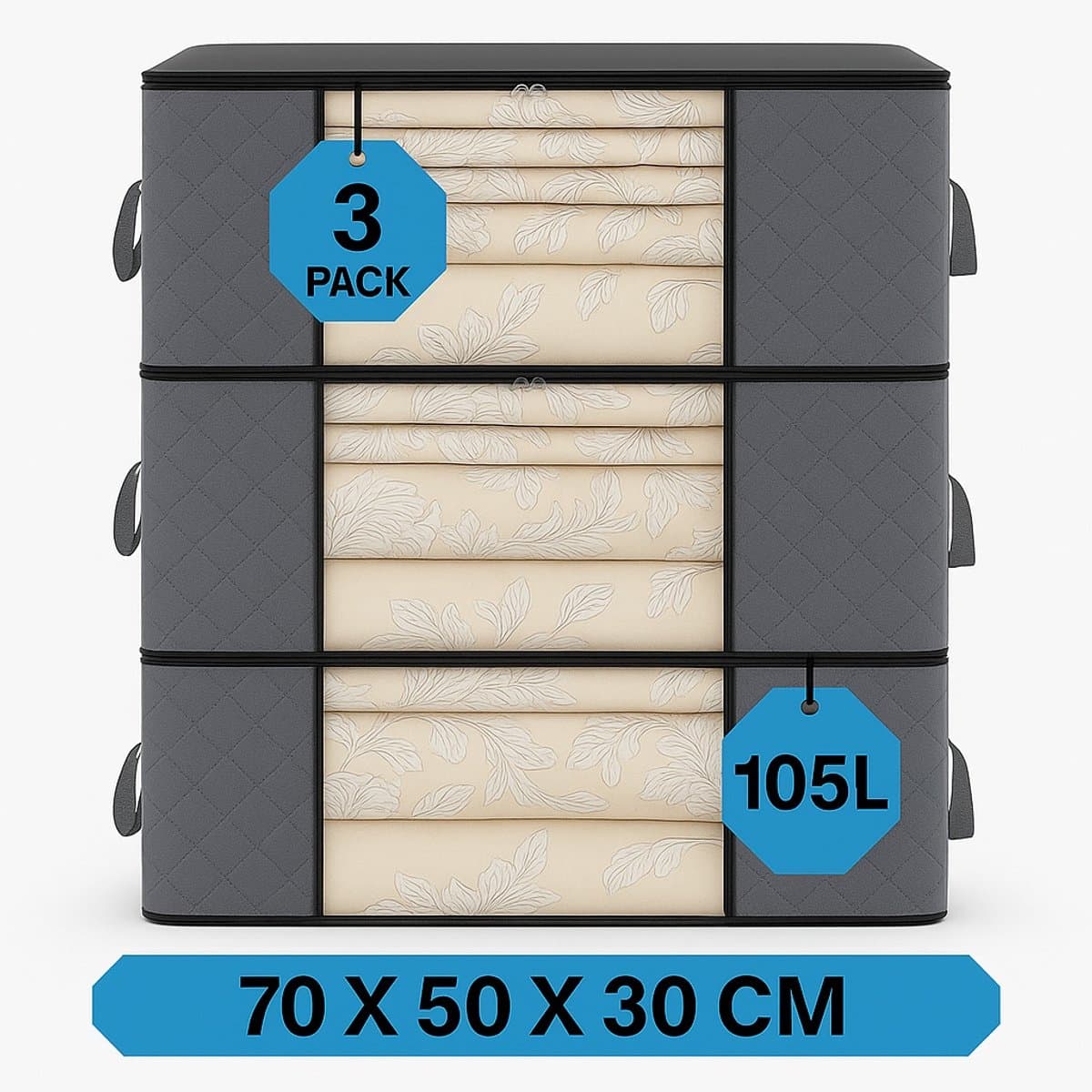 MeubelsvanJoep 3 stuks grote opbergdozen 105 liter, opbergdoos met deksel, versterkte handgreep, kleding, opbergtas, kledingdoos, verhuisdozen voor kleding, jurken, beddengoed, grijs