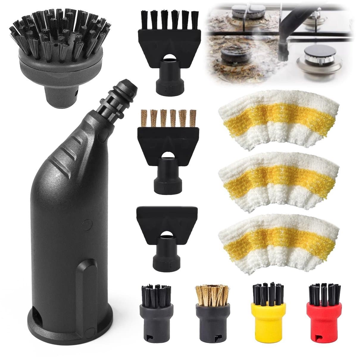 Kraftverdia® - Pakket van 12 geschikt voor Kärcher Stoomreiniger Accessoires Easyfix SC1 SC2 SC3 SC4 SC5 - Set Ronde Borstelmondstukken - Vervangingsonderdelen voor Stoomreinigers - Geschikt voor karcher accessoires