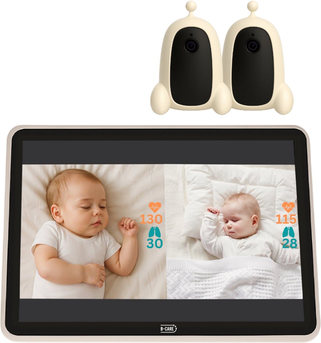 B-Care Nova Sense Touch – Babyfoon Met 2 Camera's – 7.0 Inch HD Touchscreen – Contactloze Hartslag & Ademhalingssensor Met AI-Technologie – Quad Screen – Bewegingszone – Uitbreidbaar Tot 4 Camera’s – Zonder Wifi en App