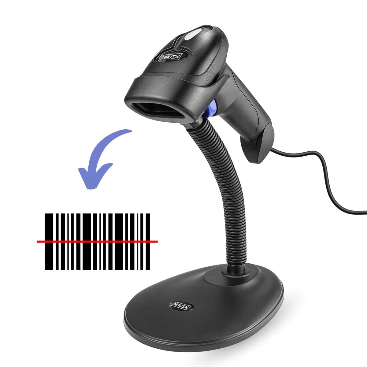 NAVIX 1D Bekabelde Barcode Scanner - Flexibele Standaard - Snel en Nauwkeurig Scannen via USB - Plug & Play Handscanner - Scannen van Papier en van Beeldscherm