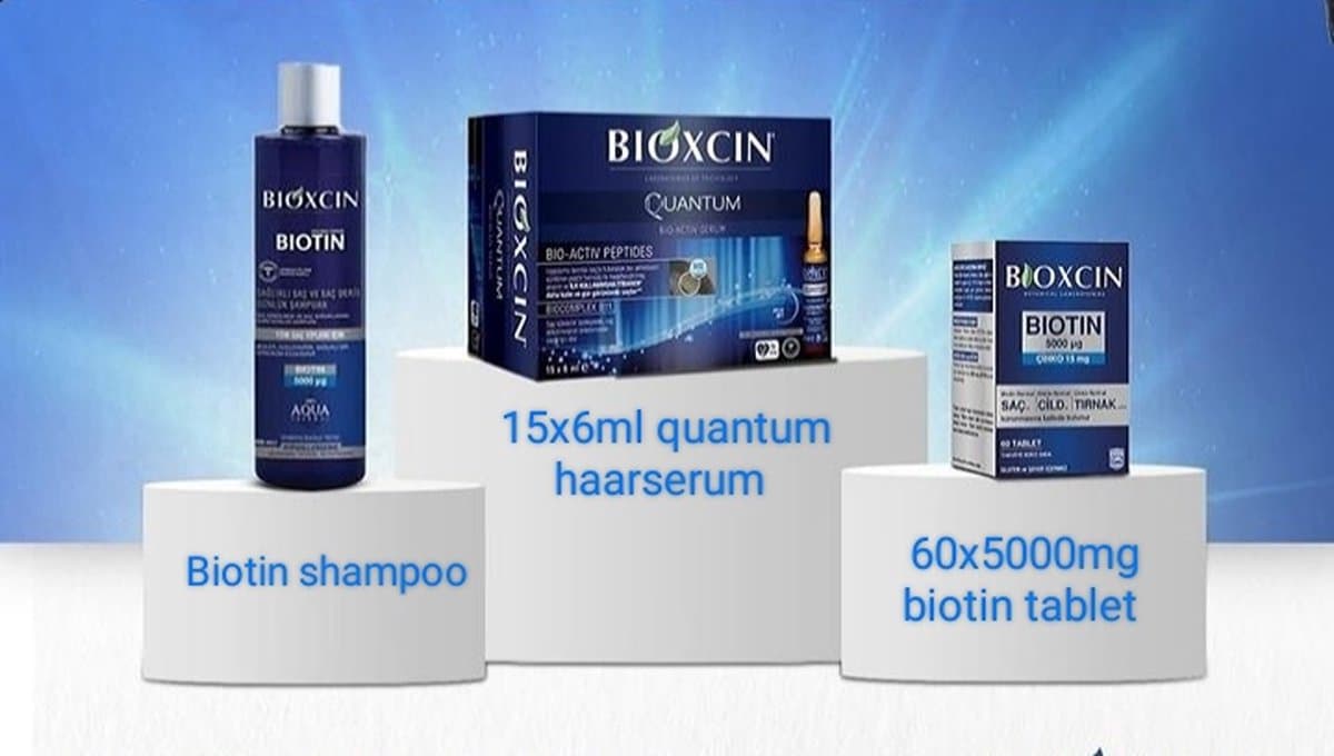 Bioxcin Biotine Anti haaruitval set 1 x 15 keer 6 ml quantum haarserum 1 x 5000 mg 60 Tabletten - 1 x Biotine Shampoo 300 ml - biotin for hair - Anti-haaruival - Haarbehandeling - Herbal - Bio shampoo