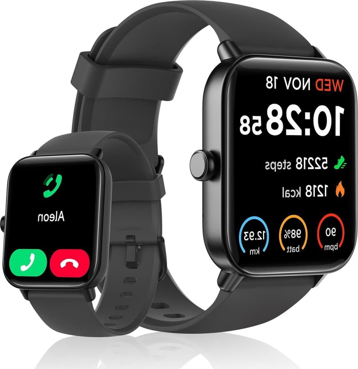 Smartwatch waterdicht zwemmen 1.8” Fitness Horloge 100+ Sport Modi SpO2 Stress Slaap Monitor - Vrouwen en Heren - Alexa - Android IOS - 100 Wijzerplaten - Zwart