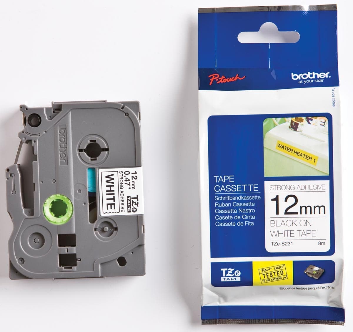 Brother TZE-S231 labelprintertape met extra sterke hechting, zwart op wit