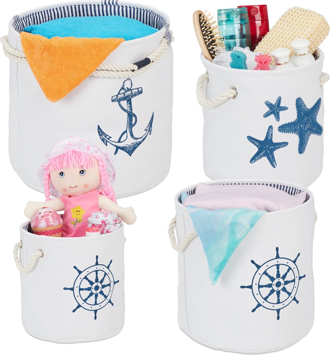 mandjes badkamer - set van 4 - kinderkamer - speelgoed - 4 groottes - wit-blauw