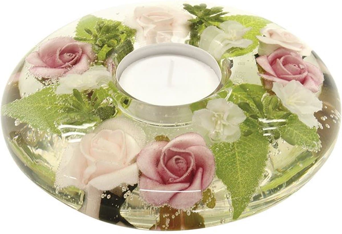 Waxinelichthouder met bloemen charlotta - glas - ovaal - 13x13x5