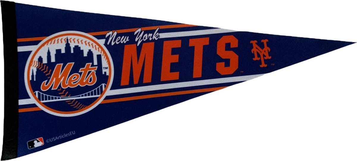 USArticlesEU - New York Mets - NY - MLB - Vaantje - Baseball - Honkbal - Sportvaantje - Pennant - Wimpel - Vlag - Blauw/Oranje/Wit - 31 x 72 cm