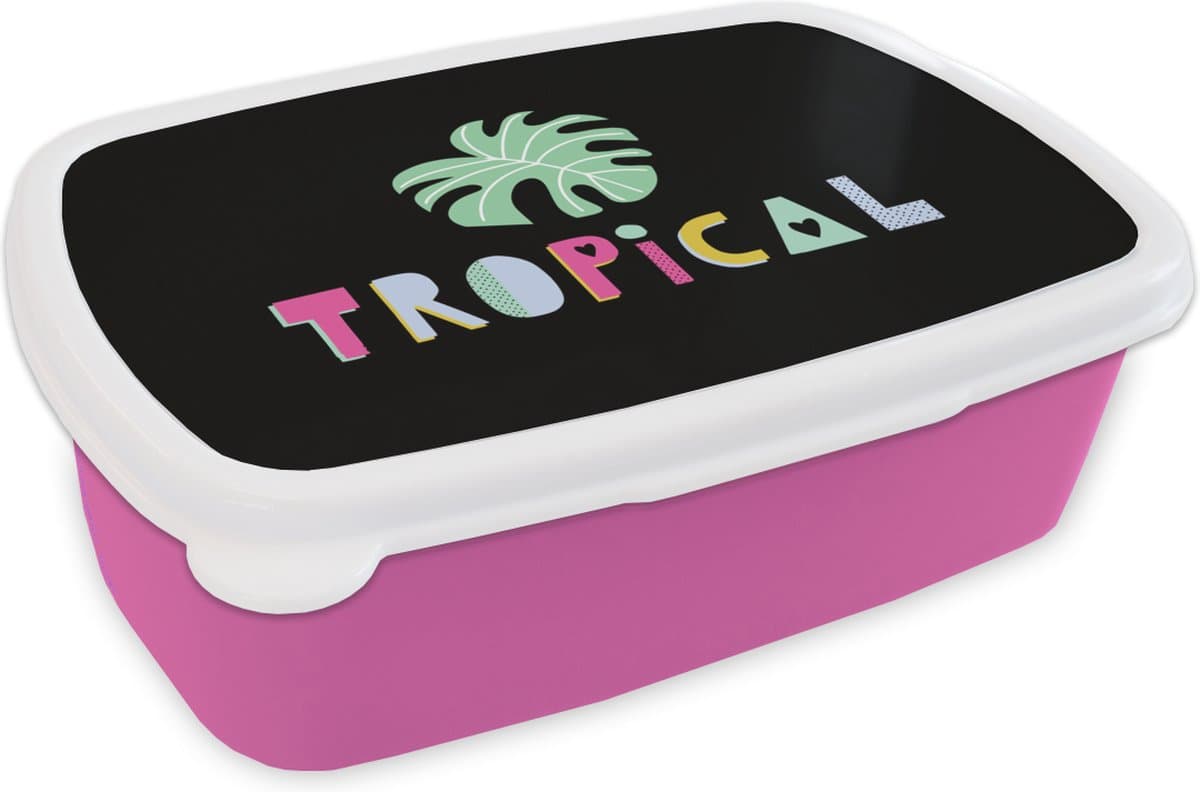 Broodtrommel Roze - Lunchbox - Brooddoos - Zomer - Tropical - Bladeren - 18x12x6 cm - Kinderen - Meisje