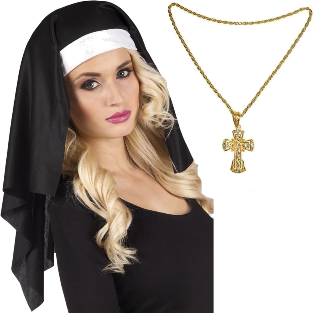 Verkleed set Non - hoofdkapje - ketting met kruis - nonnen - carnaval - themafeest