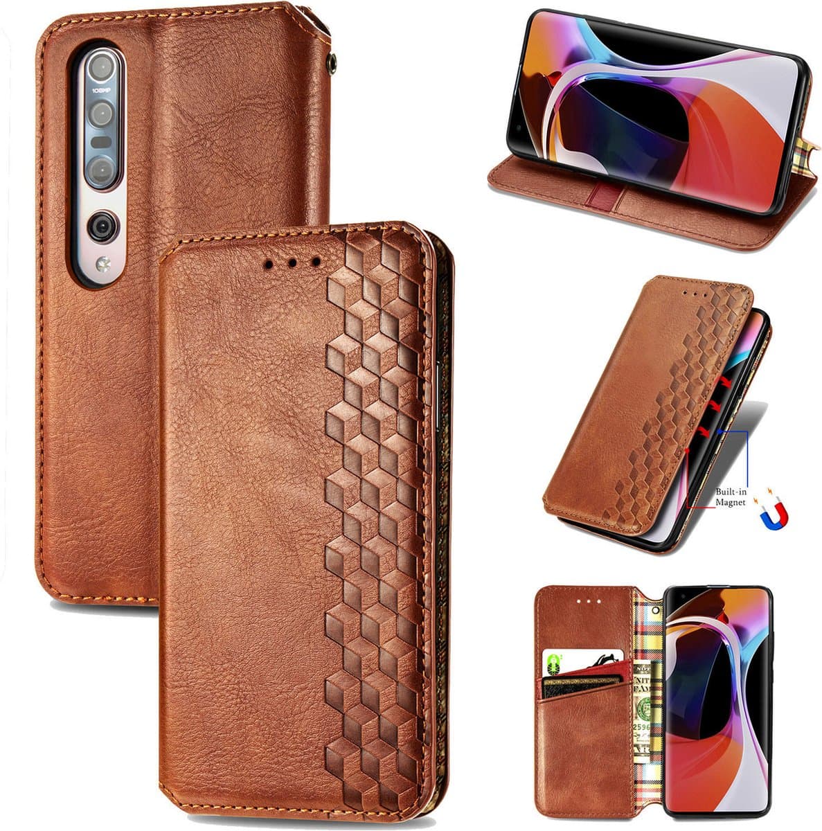 Luxe PU Lederen Ruitpatroon Wallet Case + PMMA Screenprotector voor Xiaomi Mi 10 5G _ Bruin