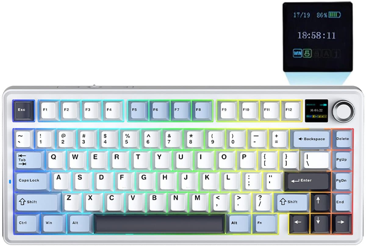 AULA F75 MAX - Draadloos Mechanisch Toetsenbord Met TFT-Scherm En Draaiknop - Gamingtoetsenbord Met Pakking In 75%-Layout - Hot-Swappable - RGB-Achtergrondverlichting - Voor PC/Mac/Linux (Lichtblauw + Zwart En Wit)