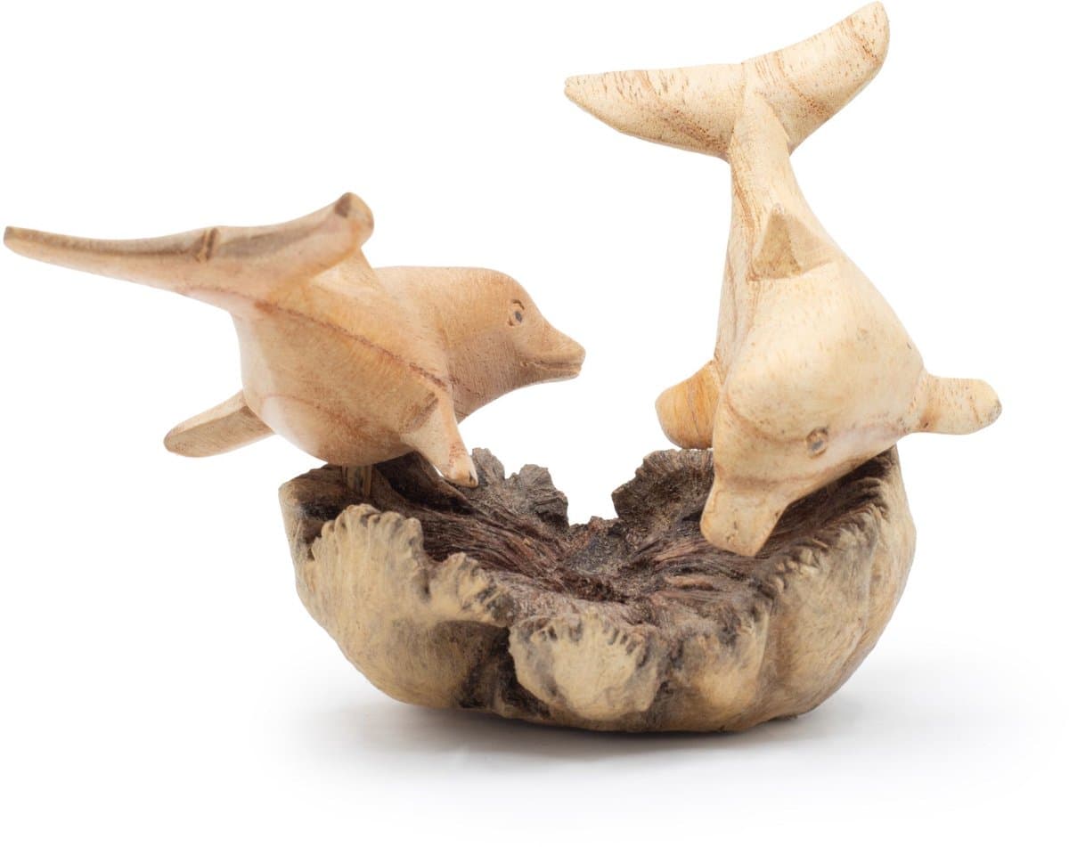 Handmade Parasite Wood Art Carving - Dolphins in Play