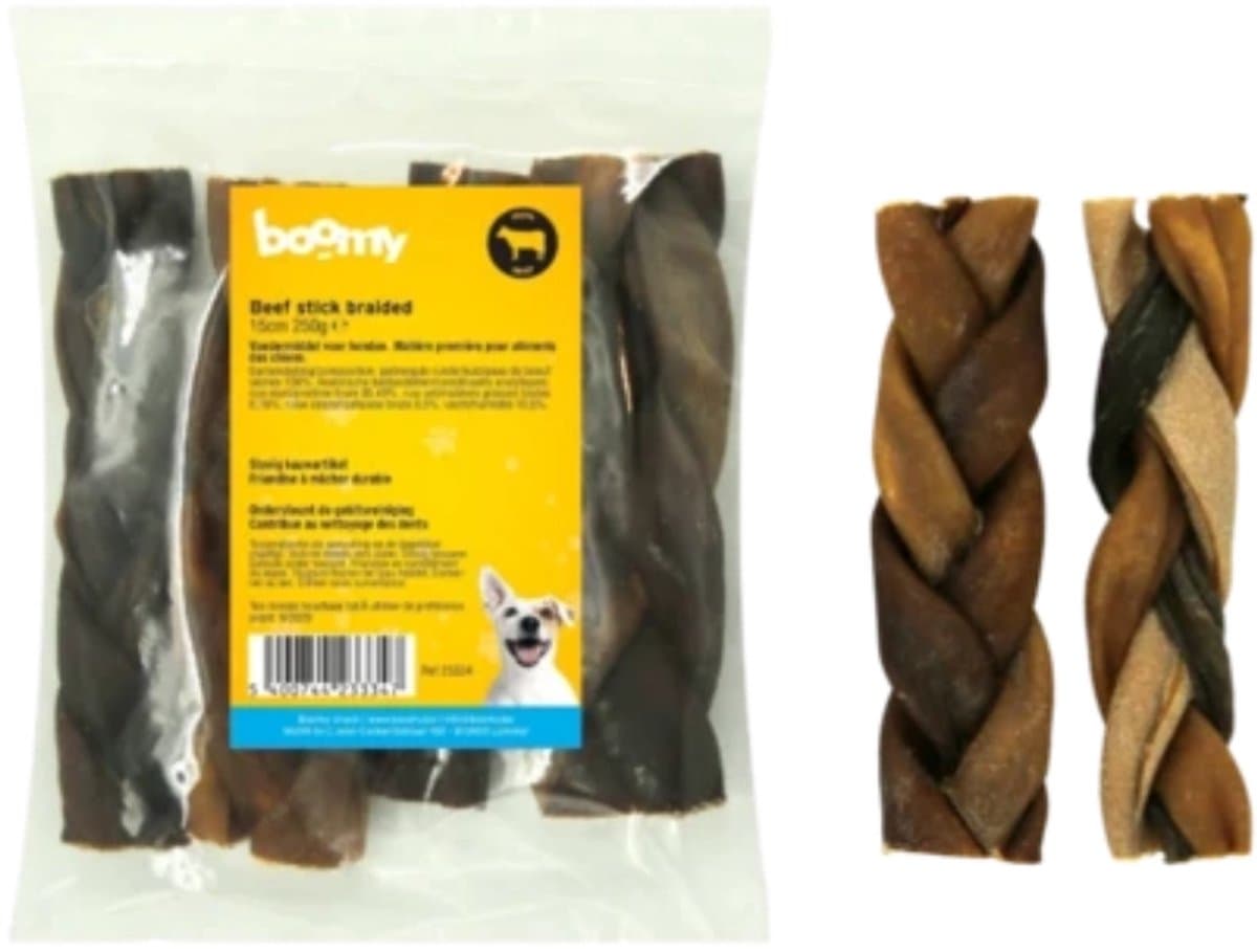 Boomy - Gevlochten Runderhuid - Natuurlijke hondensnoepjes - Kauwsnack hond - Kauwbot Hond - 15 cm - 250 g