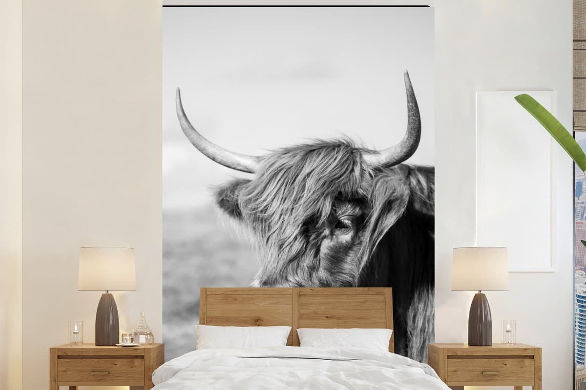 Behang - Fotobehang Schotse Hooglander - Dieren - Zwart - Wit - Breedte 225 cm x hoogte 350 cm