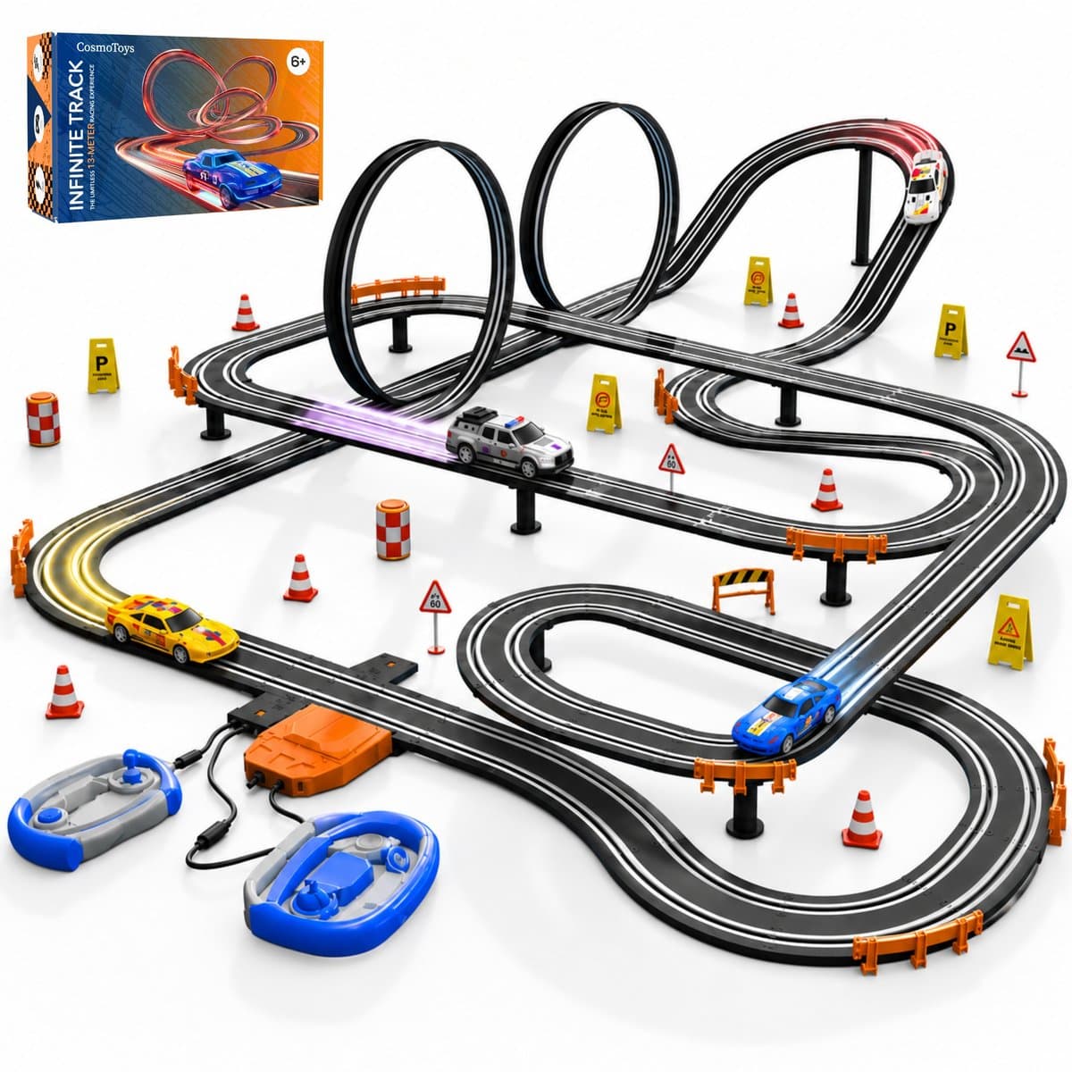 CosmoToys Elektrische Racebaan - Incl. Verkeersbordenset - Auto Speelgoed - voor Kinderen - Autobaan Speelgoed - Kinderspeelgoed - 13,0M Lang - Infinite Track