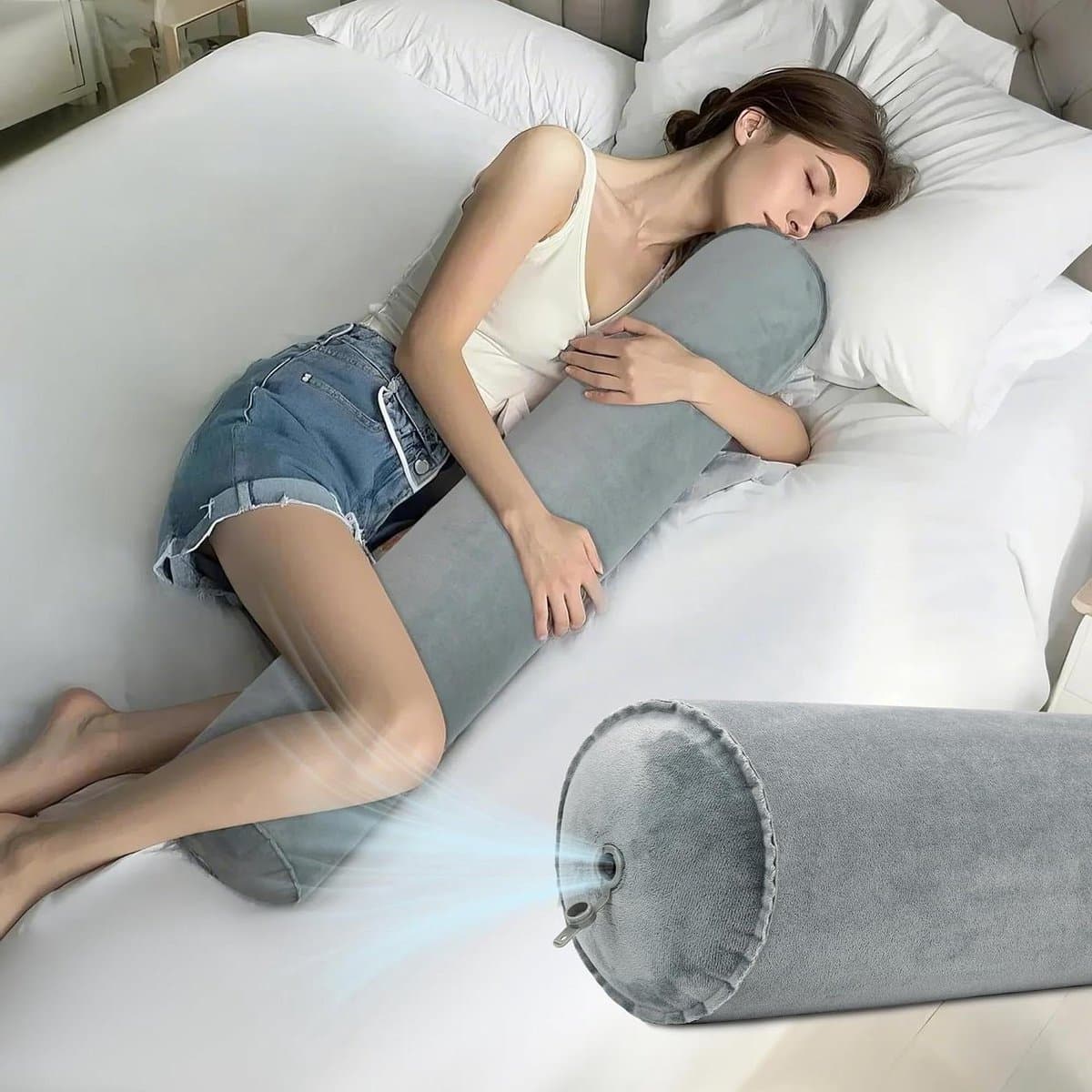 Lichaam Kussen - Opblaasbaar Bolster - Comfortabel Ontspannen - Zelfopblaasbaar Klepontwerp - 120 x 20 cm - Grijs