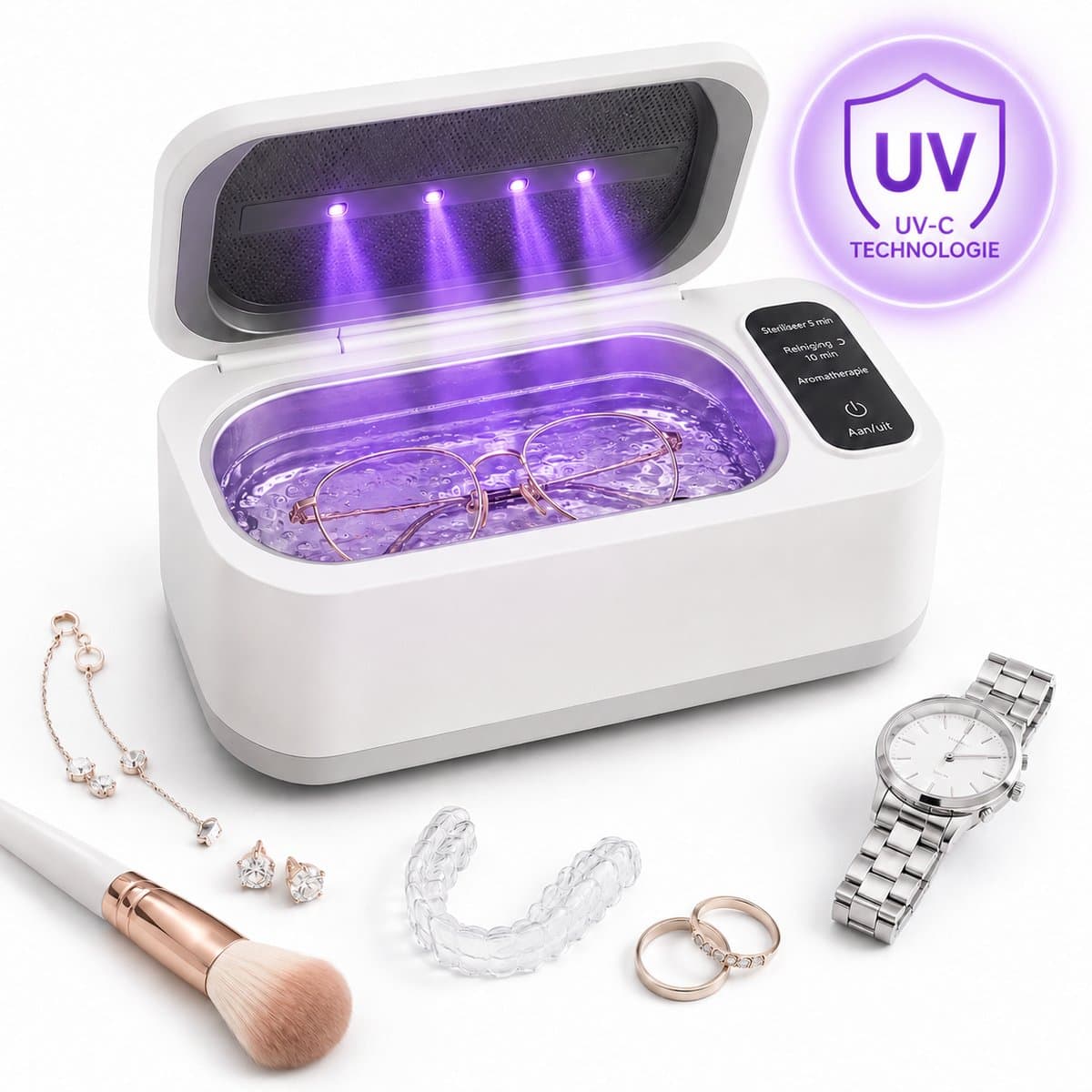 Sercano Ultrasone Reiniger met UV-Functie – 350 ml – 4 Reinigingsstanden – 50 kHz – Voor Brillen, Sieraden en Retainers – 24 W – EU-Stekker
