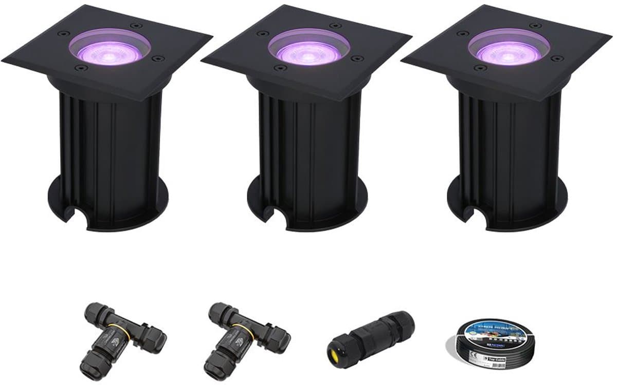 Set van 3 Ramsay Smart Grondspots buiten - Vierkant - 5,5W 400lm - RGBWW - Wifi + Bluetooth - Bestuurbaar via app - IP67 - Google Home - Amazon Alexa - Zwart - Inclusief installatiemateriaal (Kabel & connector)