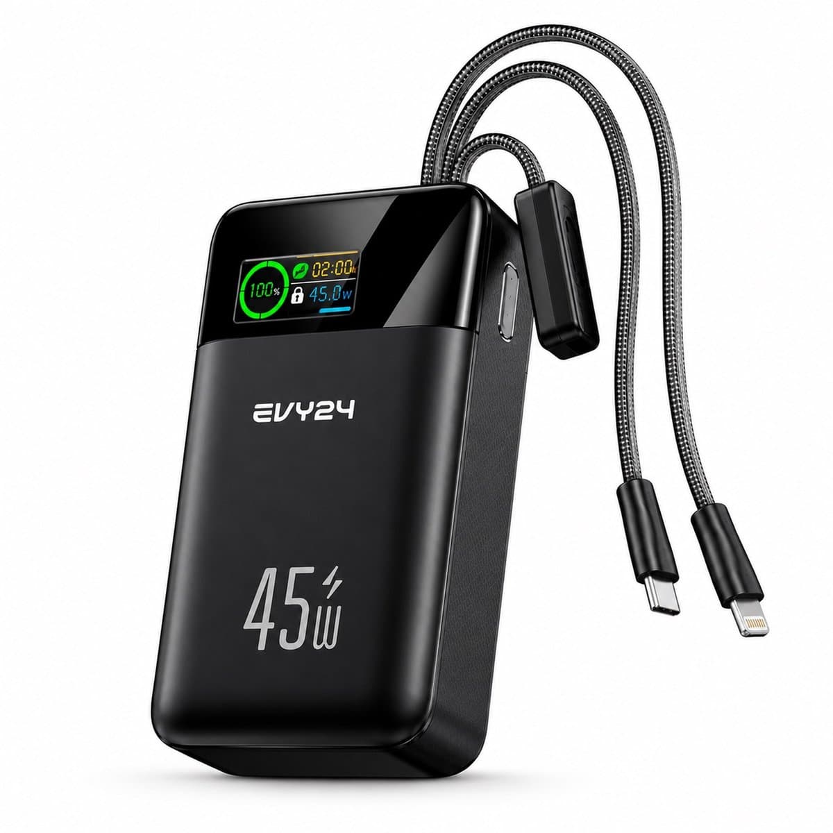 Evy24 Powerbank 30000 mAh Pro - 45W USBC PD Snellader - Ingebouwde USB-C & Lightning Kabels - Led Display - Fast Charge Powerbank - Voor Laptop, Ipad, Telefoon - Geschikt voor Apple, samsung en meer.