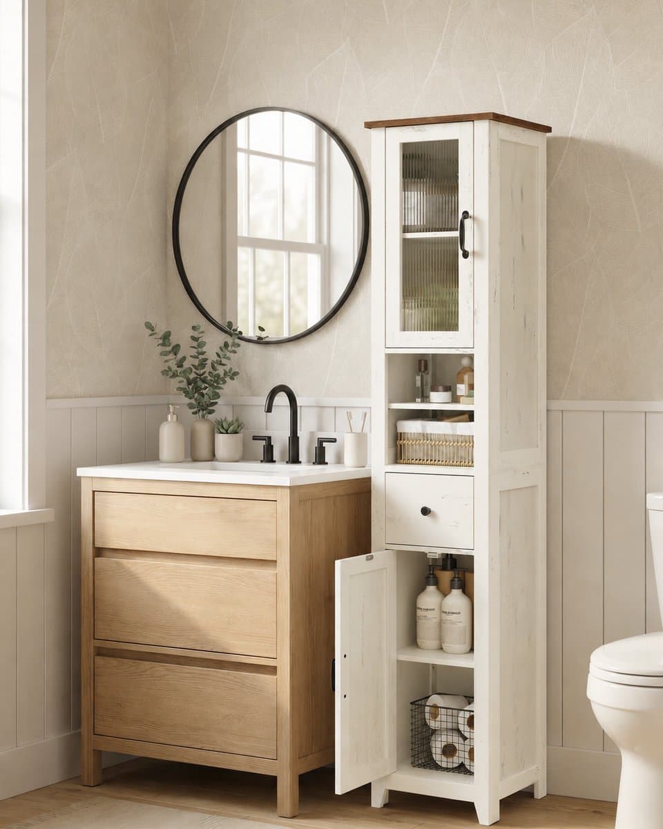 Conway Living® Smalle Badkamerkast - Hoge Kolomkast met Lade en Deuren - Landelijk Design - 33 x 31,5 x 171 cm - Rustiek Wit & Honingbruin