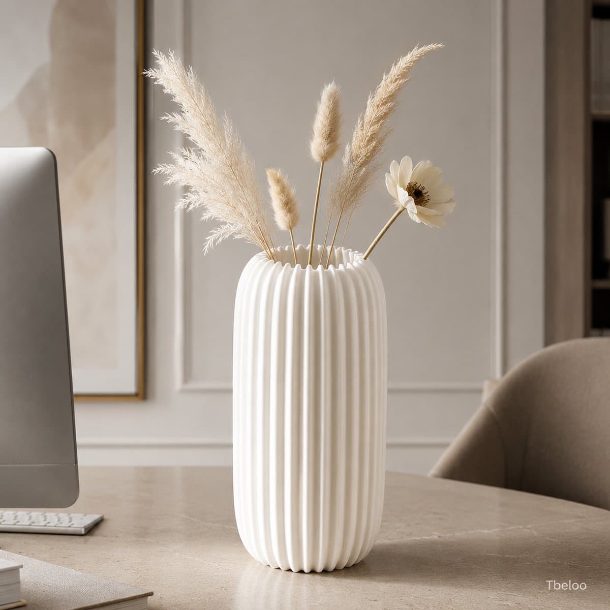 Tbeloo Decoratieve Vaas – Moderne Geribbelde Bloemenvaas – 3D Geprint – Wit – 15 x 7,5 cm