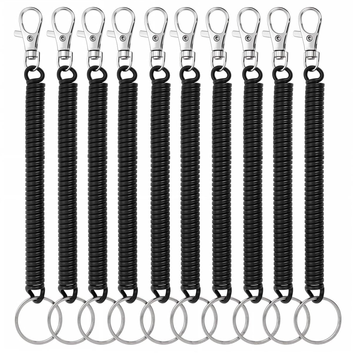 Dailygoods- Sleutelhanger Intrekbaar - 10 Stuks - Zwart - Sleutelketting met Karabijnhaak - Veertouw - Duurzaam - 17 cm - Sleutelkoord