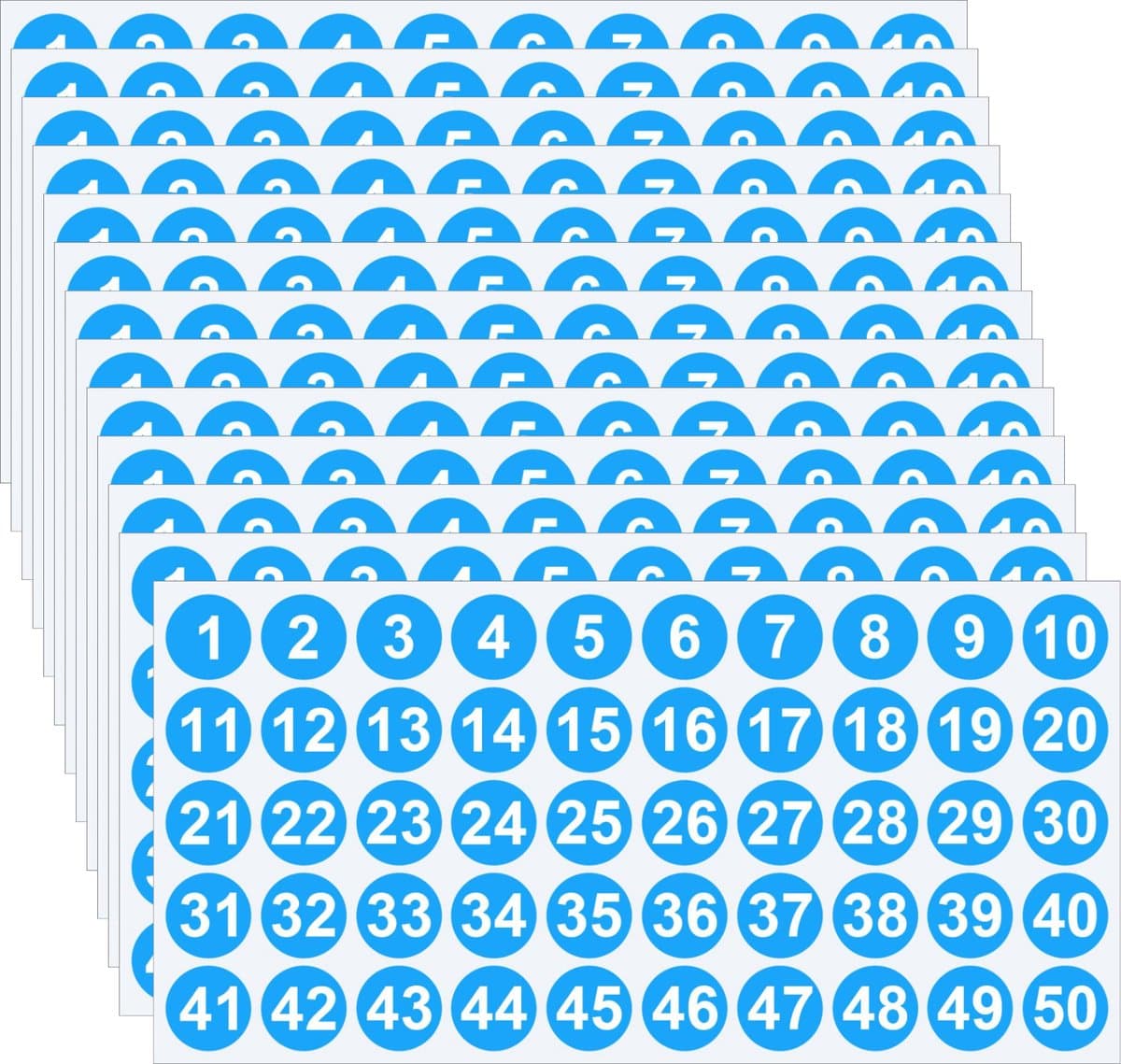 Genummerde Stickers blauw 1 t/m 50 – 10 Vellen – Ronde Nummerstickers 1 cm – Zelfklevende Etiketten