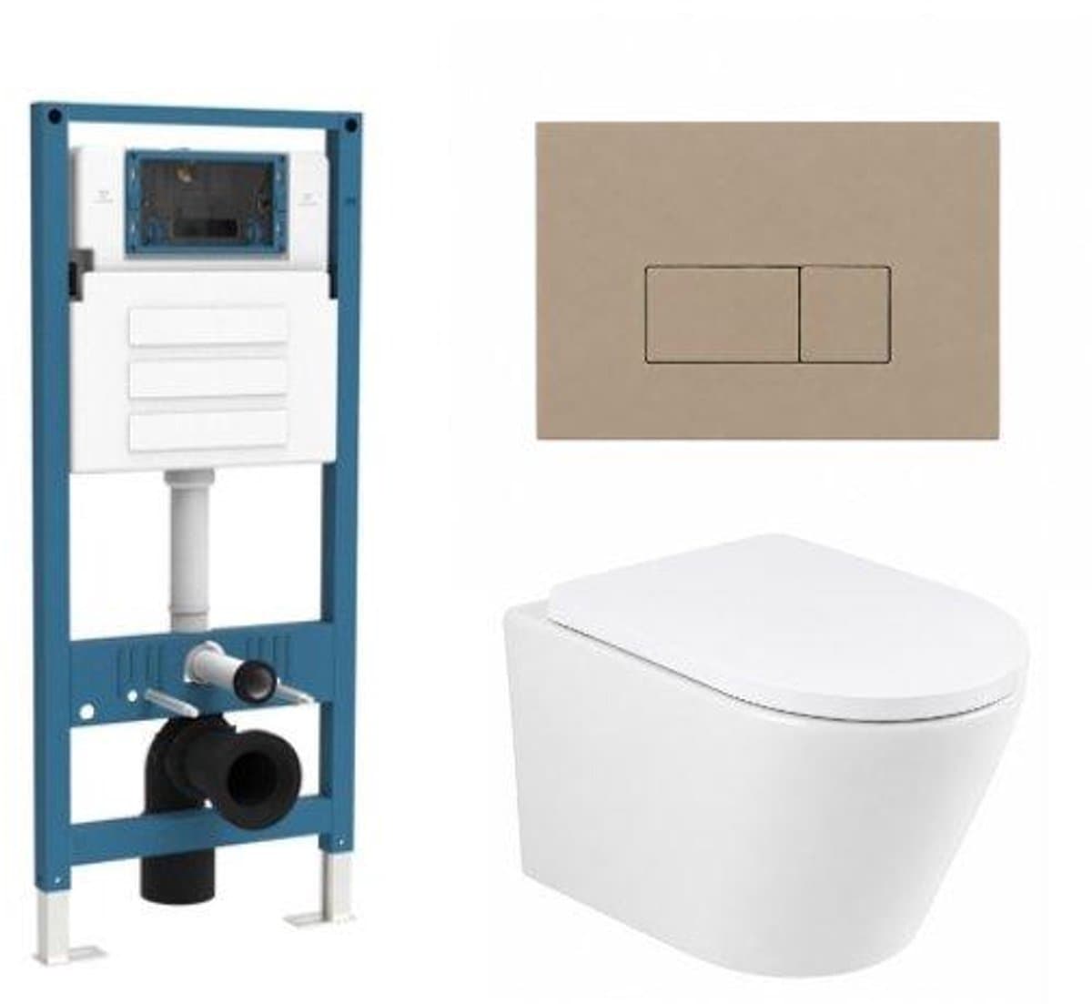 QeramiQ Dely Toiletset - inbouwreservoir Qeramiq Flush - 35mm zitting - kunststof taupe bedieningsplaat - rechthoekige knoppen - mat wit