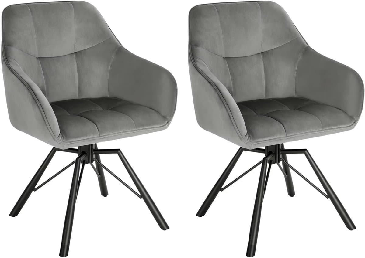 Varnox Draaibare Eetkamerstoelen – Set van 2 – Eetkamerstoel met Armleuningen – 360° Draaibaar – Fluweel – Grijs