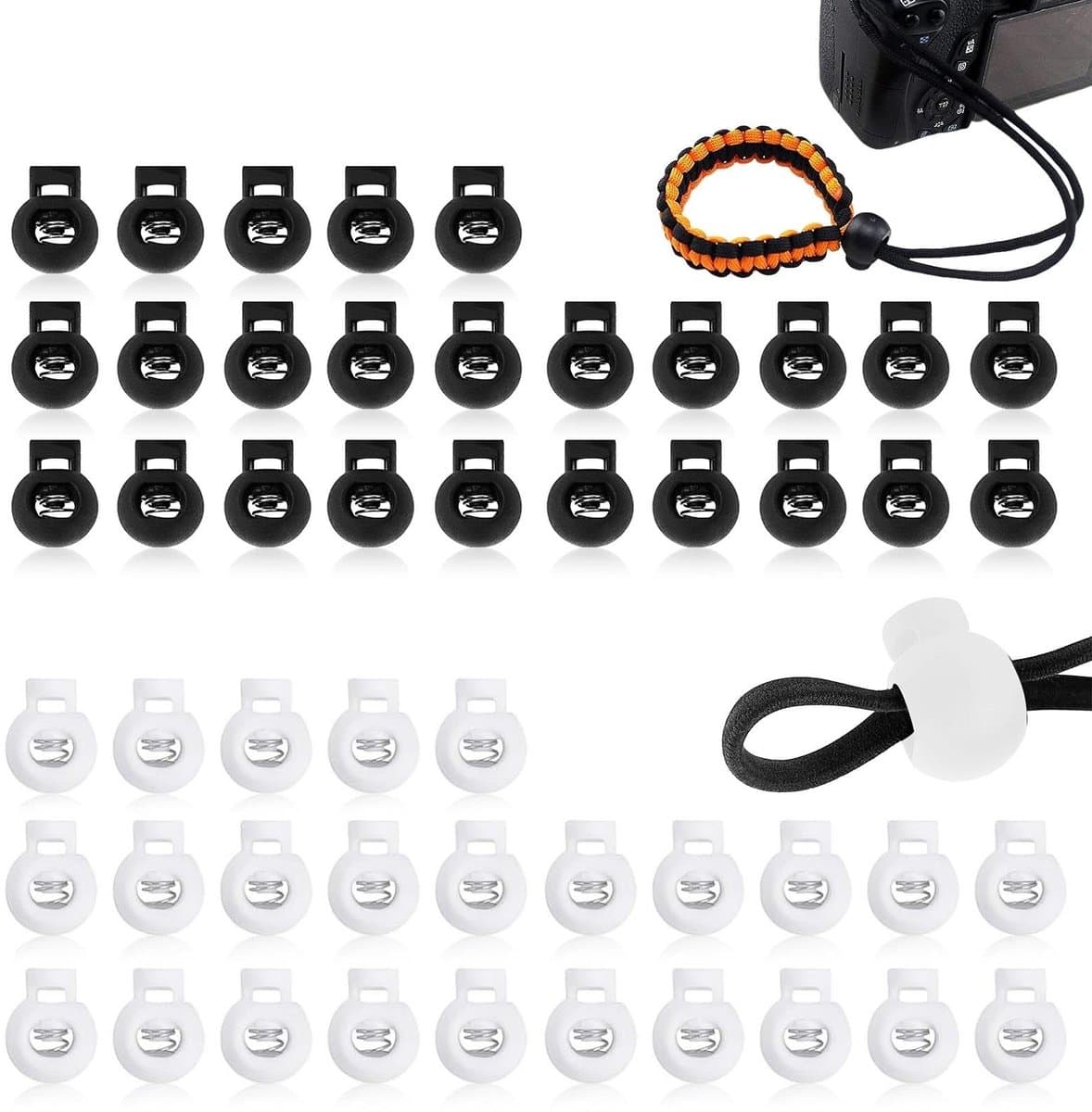 Dailygoods- Koordsloten 50-pack - Ronde Koordstoppers - Duurzaam Nylon Plastic - 6 mm Schakelaars - Lichtgewicht - Compact Formaat 22x17x12mm - Koordstopper