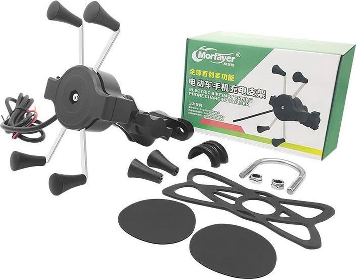 Comrob Universele Telefoonhouder Smartphonehouder Grip speciaal voor Ebike Elektrische SCOOTER MOTOR of FIETS 30/150 volt Usb Smartphone POWER oplader bevestiging op het stuur ook voor Motor en scooter