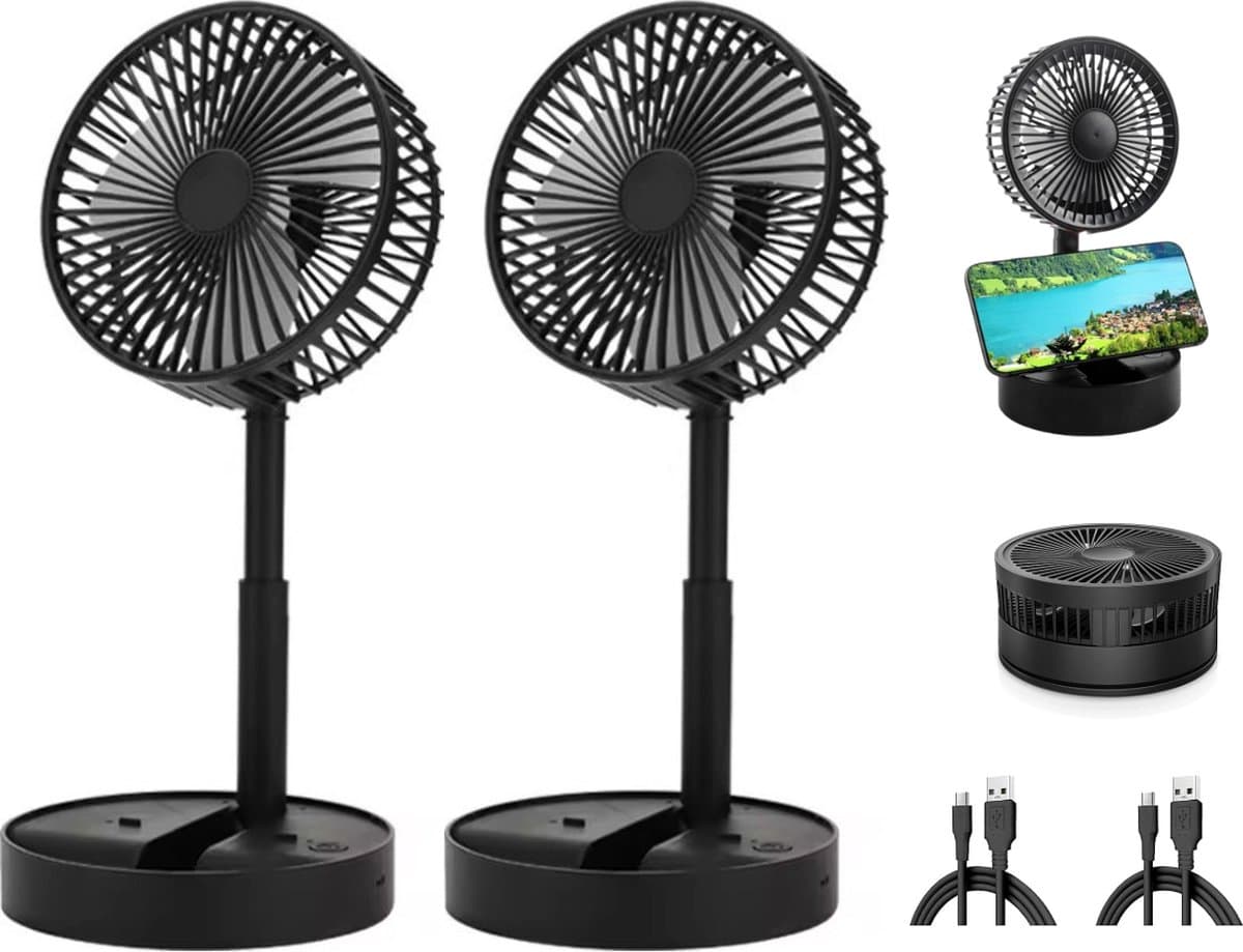 2 Stuks - Oplaadbare Ventilator - Tafelventilator - Draadloos - Statiefventilator - Drie Windsnelheden - Zwart