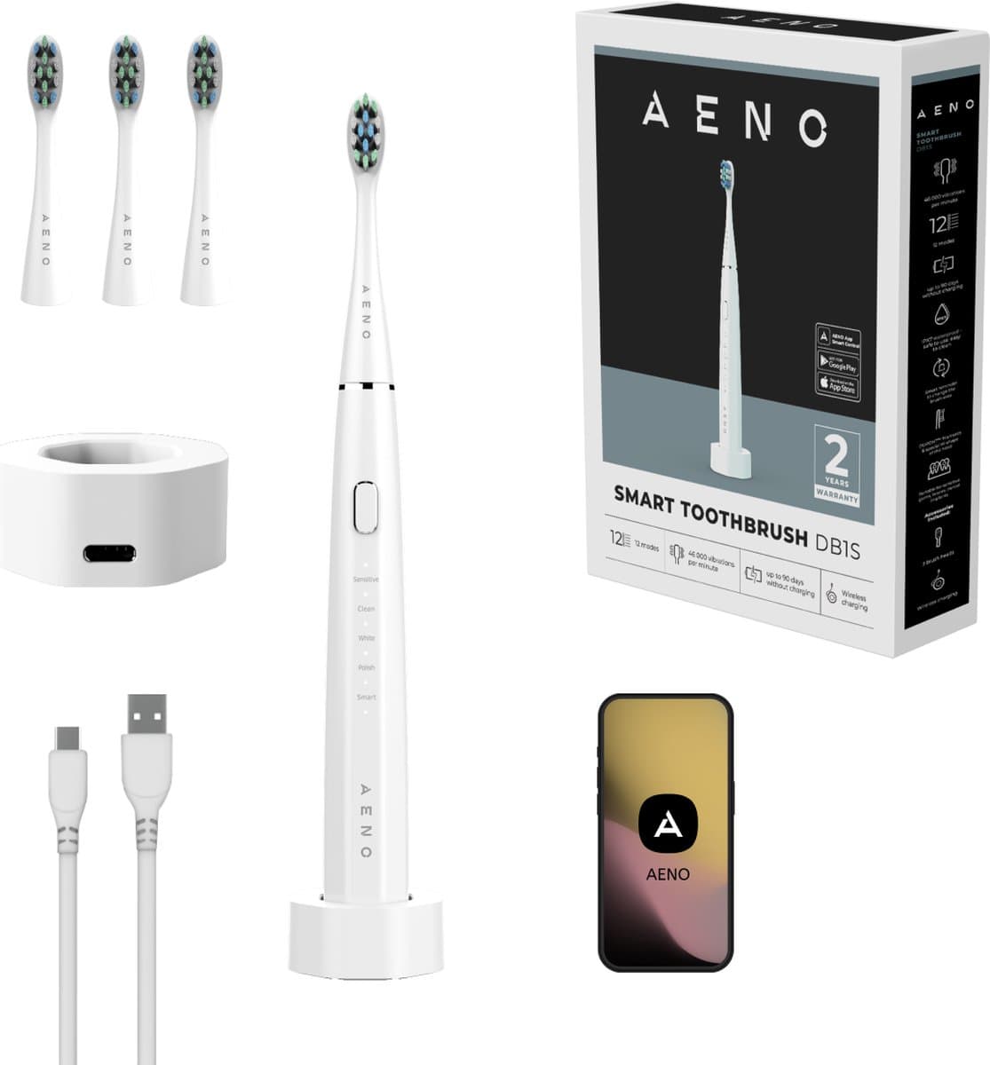 AENO DB1S Sonische Smart Tandenborstel - 12 Standen - Smart APP - Wit
