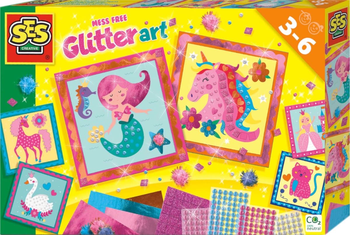 SES - Knoeivrije glitter kunst - 6 stickerkaarten met glimmend transferfolie, glitter stickers en glitter pompons