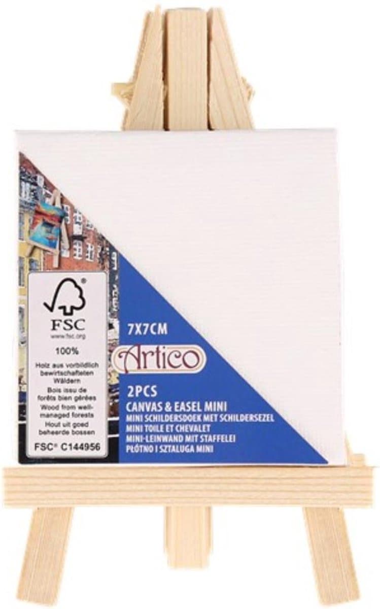 Artico Mini schildersdoek - Canvas met schildersezel - 2 stuks - 7x7 cm