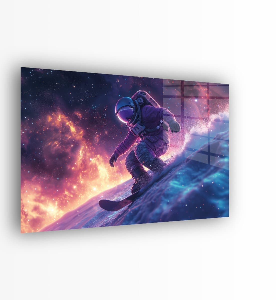 Indoorart - Glasschilderij Snowboarding Astronaut 90x60 CM - Afbeelding op plexiglas - Inclusief montagemateriaal