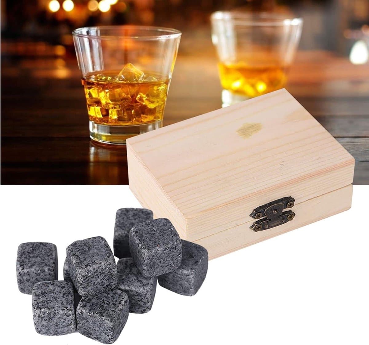 Chilling Stones Whiskey Wijn Chiller Rocks in Houten Box - Set van 9 - Bar Thuis Drink Chiller Stones - Grijs Houten Box Verpakking bar set