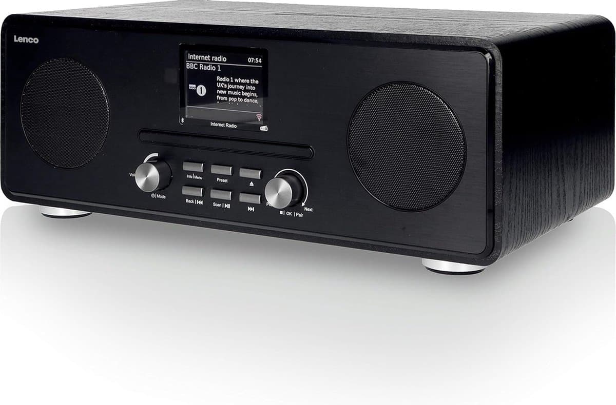 Wekkerradio DAB+ met Bluetooth en Wifi - Zwart, 28 inch kleurendisplay, AUX-ingang, Wekker, Undok app-besturing