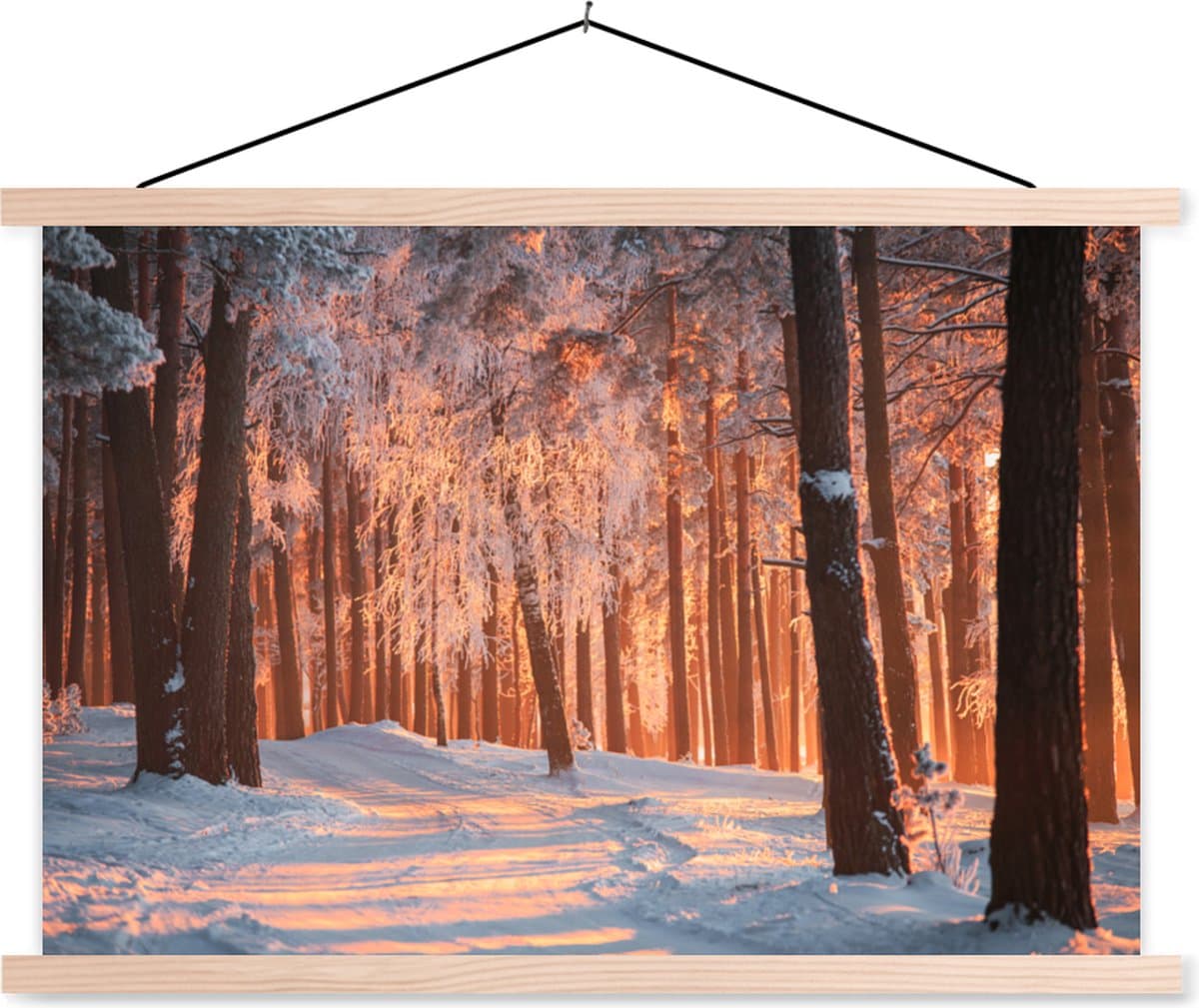 Posterhanger incl. Poster 120x80 cm - Schoolplaat - Winter - Bos - Boom - Textielposter - Blanke latten