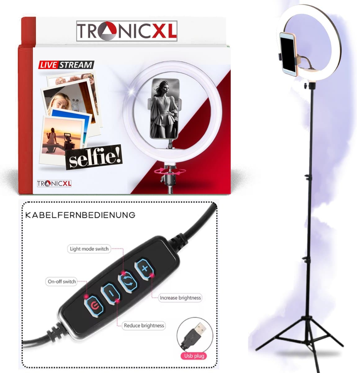 TronicXL Tripod Set 4-delig - 210 cm Statief + XXL Ringlamp LED + 360° Kogelkop + Smartphonehouder - Beauty Light - Camera I geschikt voor YouTube Live Video Streaming, TikTok - Ring licht