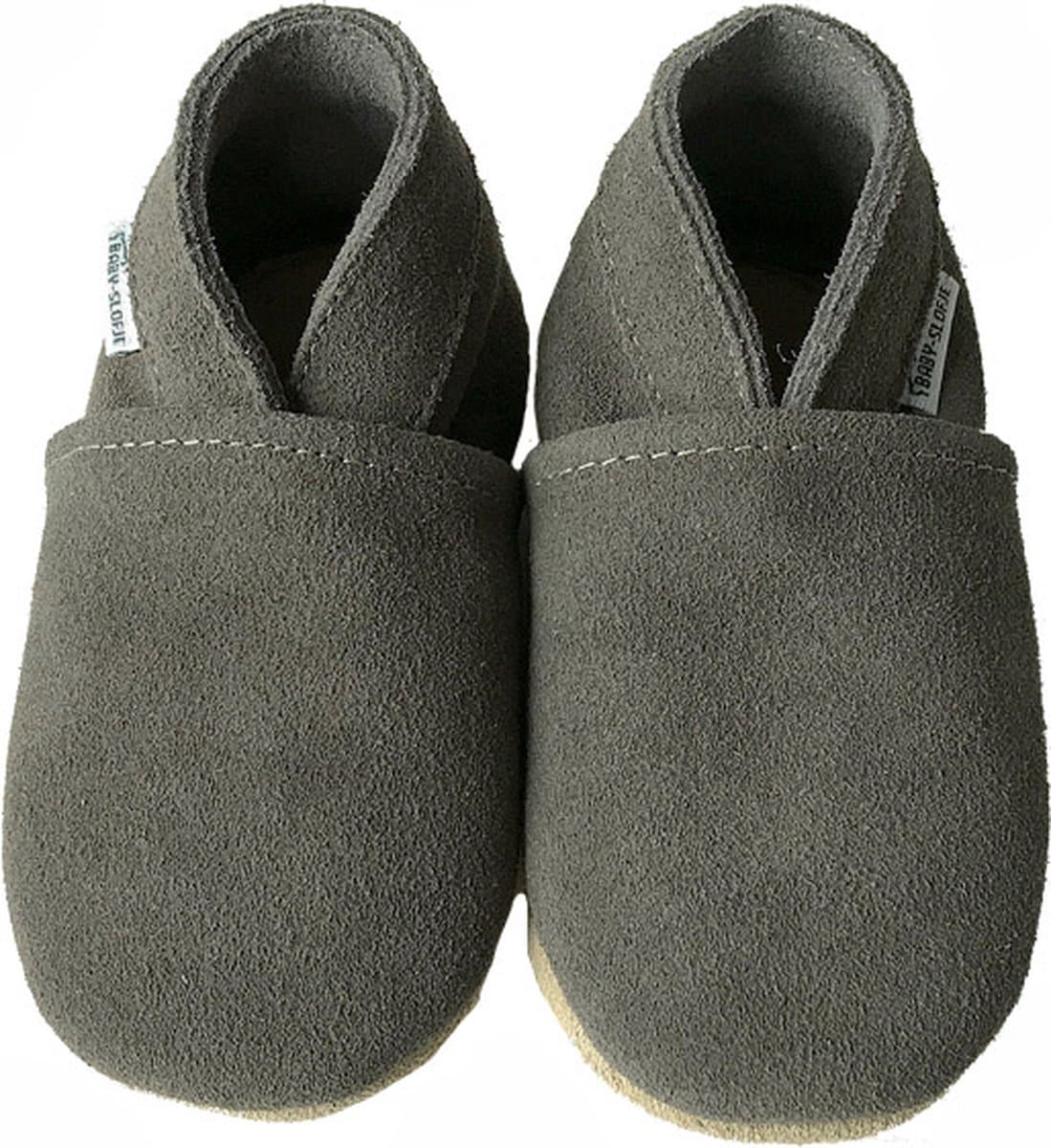 Donkergrijze suede babyslofjes van Baby-Slofje maat 18/19, 6-12 maanden