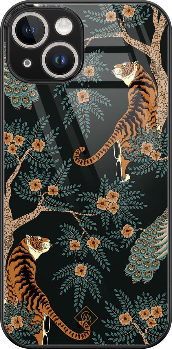 Casimoda® hoesje - Geschikt voor iPhone 14 - Tijger Jungle - Luxe Hard Case Zwart - Backcover telefoonhoesje - Bruin/beige