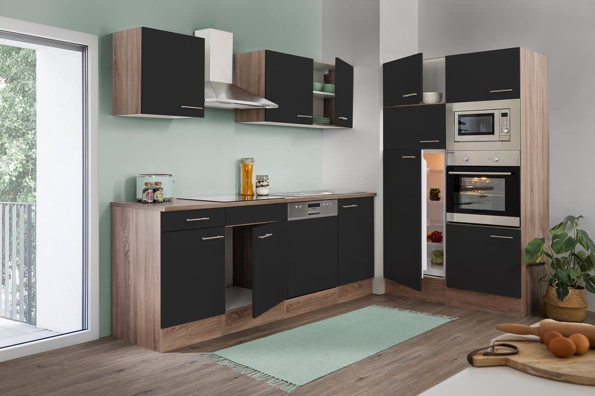Goedkope keuken 340 cm - complete keuken met apparatuur Oliver - Donker eiken/Zwart - keramische kookplaat - vaatwasser - afzuigkap - oven - magnetron - spoelbak