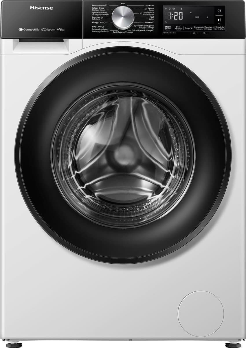 Hisense WD3S9043BW3 - Was-droogcombinatie - Energieklasse A (-30%) - 9 kg wassen / 6 kg drogen - 1400 toeren - Connectlife WiFi - Stoomfunctie - LED display - Inverter motor - Wit