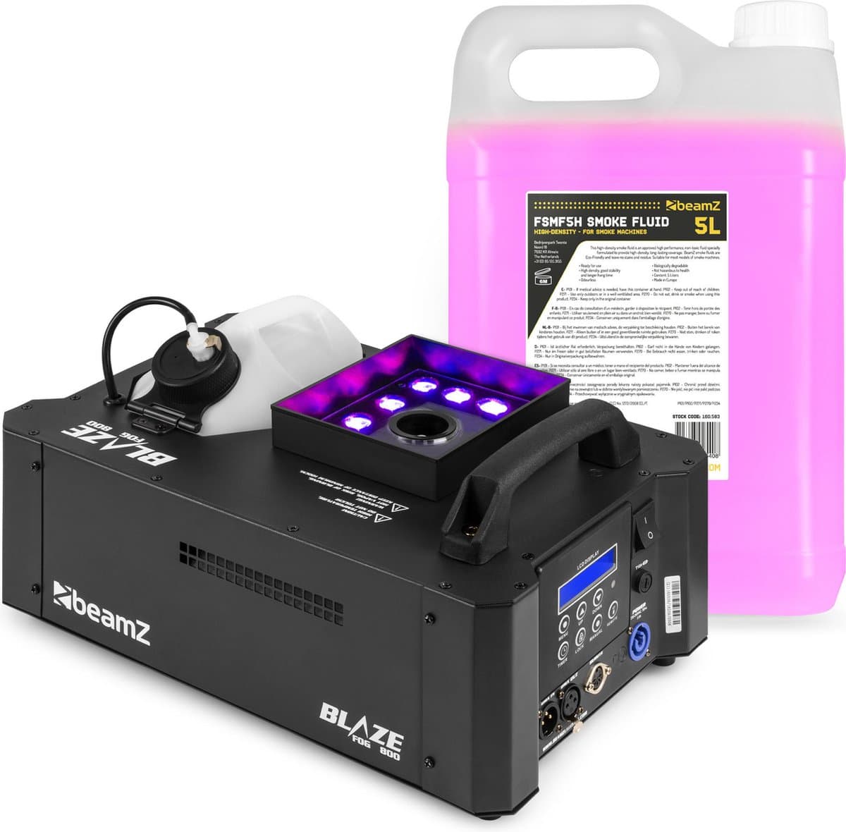 BeamZ BLAZE800 rookmachine - voor horizontale en verticale rook - met 12x 4W RGBA LED’s - inclusief 5 liter vloeistof