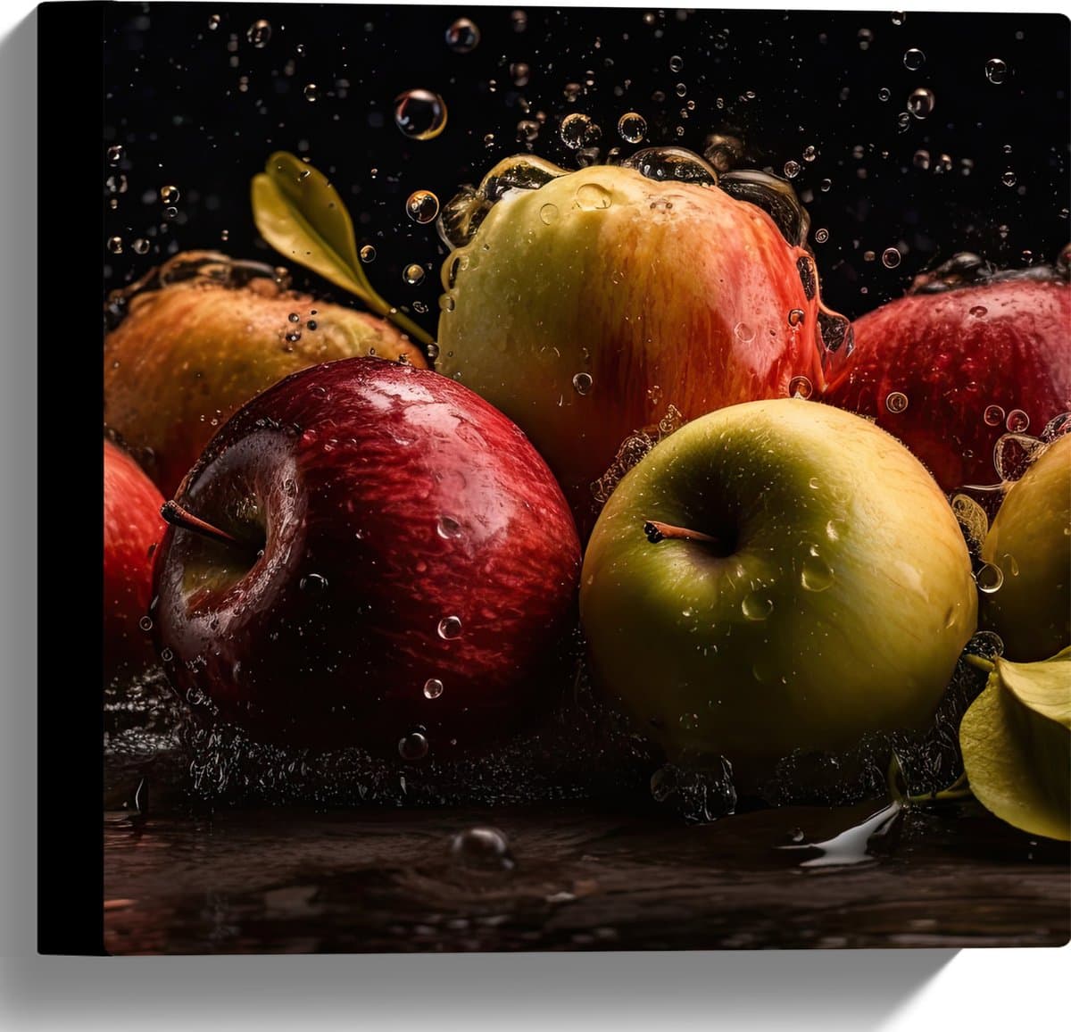 Canvas - Plens Water op Appels tegen Zwarte Achtergrond - 30x30 cm Foto op Canvas Schilderij (Wanddecoratie op Canvas)