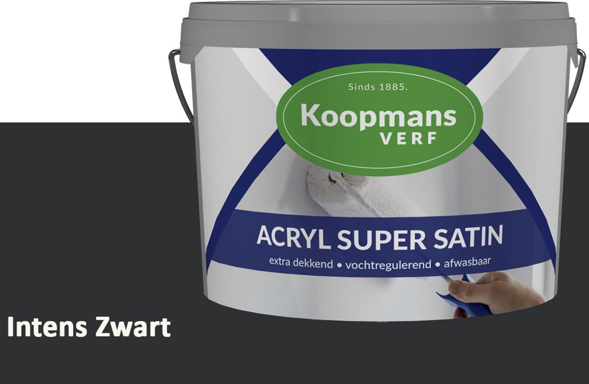 Koopmans Acryl Super Satin Zijdeglans Muurverf – Reinigbare Binnen- en Buitenverf voor Muren & Plafonds – Intens Zwart – 5 l