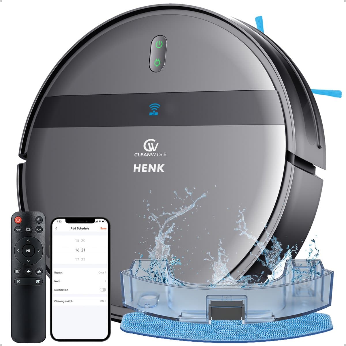 CleanWise Henk – Robotstofzuiger met dweilfunctie en laadstation – 4500 Pa zuigkracht, 5 schoonmaakmodi, app- en spraakbediening, ideaal voor huisdieren, harde vloeren & tapijt