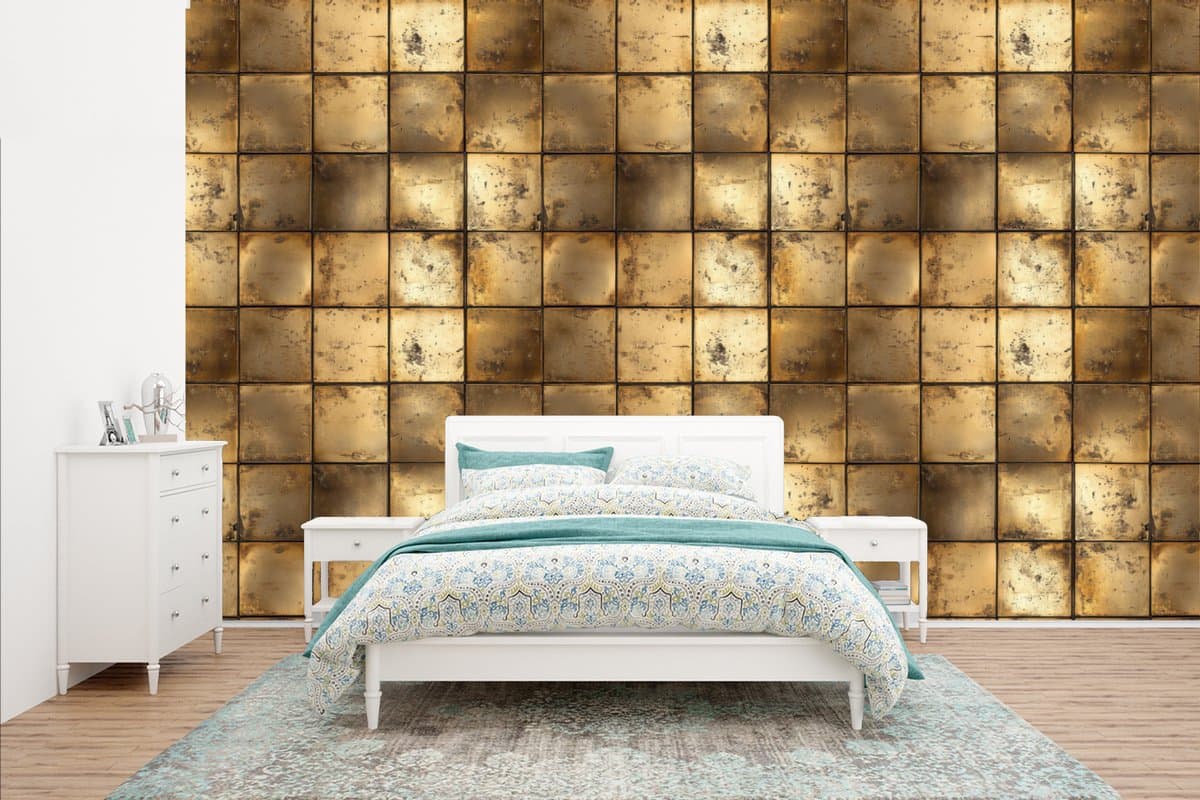 Behang - Fotobehang Geometrisch - Tegels - Goud - Breedte 400 cm x hoogte 240 cm